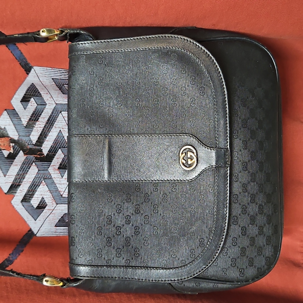 Vintage GUCCI  Crossbody bag Shoulder  micro GG PVC Leather Black/BlackFlap Sn - Picture 2 of 16